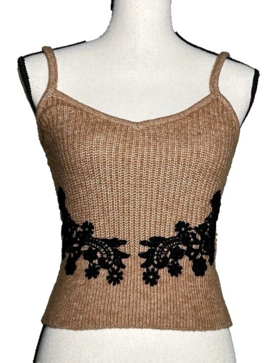 Express Tops - Express Women’s Tan Knit Tank Top Lace Appliqué Crop Cami Sweater Wool Blend XS
